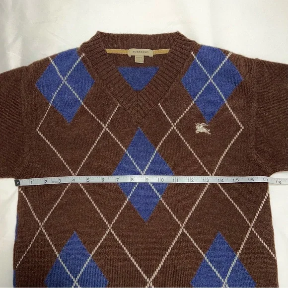 Burberry Youth Argyle V-Neck Sweater Cotton Brown Blue Diamond Striped Size 12Y - Picture 10 of 13
